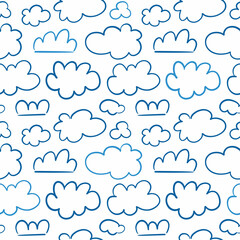 Seamless vector pattern with blue cloud doodles on white background. Modern design for fabric and paper, surface textures.