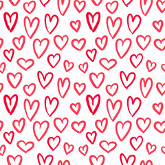 Seamless pattern with red heart doodles on white background. Modern design for fabric and paper, surface textures.	
