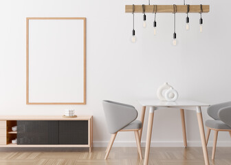 Empty vertical picture frame on white wall in modern living room. Mock up interior in minimalist, scandinavian style. Free space for picture. Console, table, chairs, lamp, vases. 3D rendering.