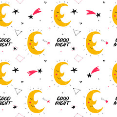 Seamless pattern with sleepy cute moons among stars on white background. Modern vector design for fabric and paper, surface textures.