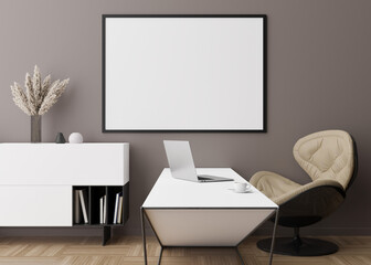Empty horizontal picture frame on brown wall in modern room. Mock up interior in contemporary style. Free space, copy space for your picture, poster. Desk, console, lamp, parquet floor. 3D rendering.