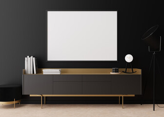 Empty horizontal picture frame on black wall in modern living room. Mock up interior in contemporary style. Free space, copy space for your picture, poster. Console, lamp, books. 3D rendering.