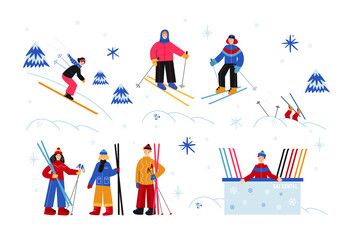 Vector illustration with skiing people. Illustration set with skiing friends at winter resort. Bright colors design.