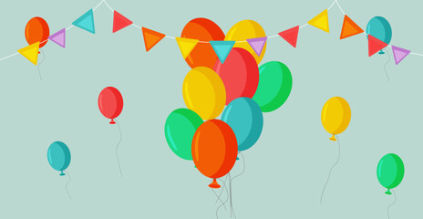 Naklejka premium Vector illustration of a colorful balloons and flags. A bunch of colorful Helium Balloons on blue Background. Set of Balloons for party décor. Postcard