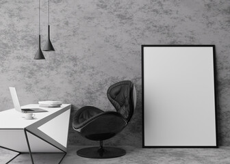 Empty vertical picture frame standing on concrete floor in modern home office. Mock up interior in minimalist, contemporary style. Free space for picture or poster. Desk, hanging lamps. 3D rendering.