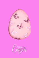 Happy Easter greeting text and egg cut out of paper and butterflies. Creative Easter holiday concept