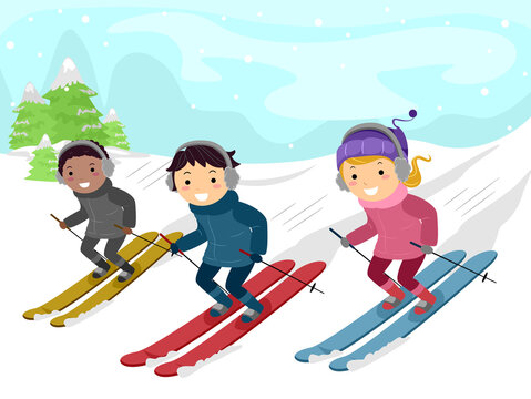 kids skiing downhill in winter scene clip art preview