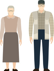 Mature people. Asian old woman and old man in full length on a white background. Flat vector illustration