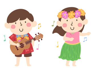 Kids Hawaiian Ukulele Dance Illustration