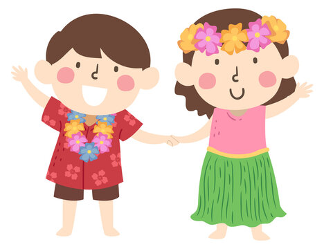 Kids Hawaiian Costume Waving Hello Illustration