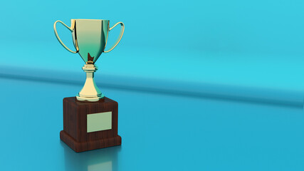 3D rendering. Golden sports cup on a wooden stand with a golden nameplate on a blue background