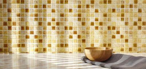 Desk of free space and wall with shadows in kitchen. 