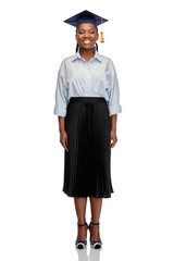 education, graduation and people concept - portrait of happy graduate student woman or bachelor in...