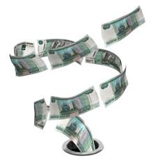 3D render Russian ruble flying to drain - crisis concept	