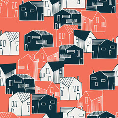 Seamless pattern with small detached, single-family houses on red background for surface design and other design projects