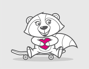 Vector black line cartoon baby bear raccoon sitting on a skateboard and holding a heart. Light grey background.