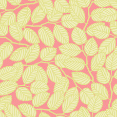 Seamless pattern with elm tree branches and leaves on light Coral background for surface design, wallpaper, fabrics, home decor. Monochrome pastel realistic line art