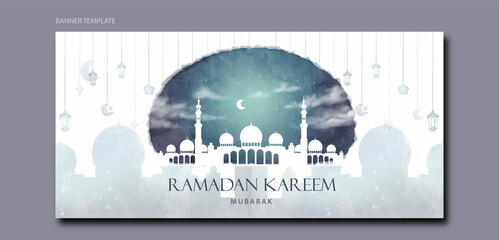 Watercolor Illustration Ramadan Kareem Horizontal Banner Design
