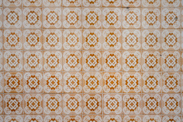 Close up of colorful Portuguese Azulejos (ceramic tiles) on a wall in Lisbon