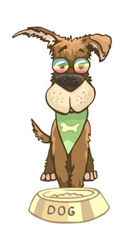 a dog with glasses and a bowl of food, happiness and a rainbow brown dog, shepherd with glasses and a bib, isolated vector object, 
rainbow glasses and a food bowl