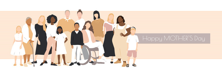 Obraz premium Happy Mother's Day card. Multicultural group of mothers with kids collection. Flat vector illustration.