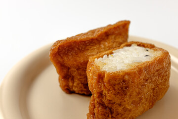 Tofu sushi on a white background
