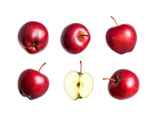 Red fresh apples isolated on white background. Whole ripe apples and half. Sweet summer fruit, organic natural apple. Apple set for design and advertising. Concept of food and harvest