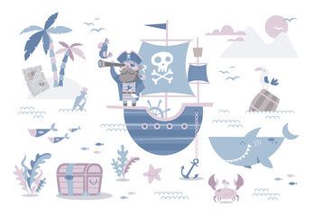 Cartoon pirate on ship.  Set of sea creatures. 