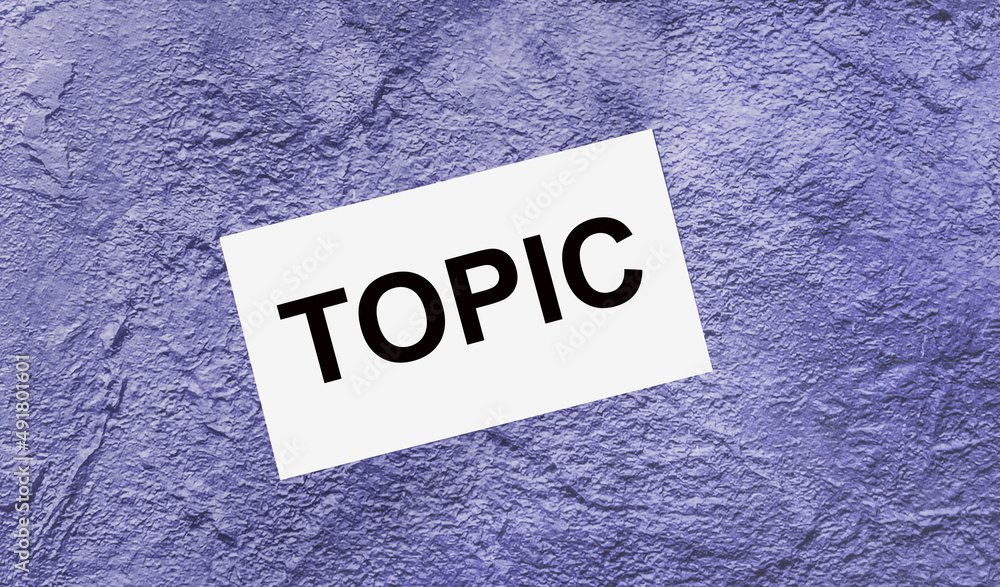 Poster on a purple abstract background there is a white card with the text topic