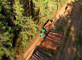 Crane forwarder machine during clearing of forested land. Wheeled harvester transports raw timber from felling site out. Harvesters, Forest Logging machines. Forestry forwarder on deforestation.