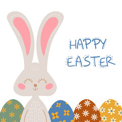 Happy Easter colored greeting card with rabbit and dyed eggs. Vector postcard with cute rabbit.
