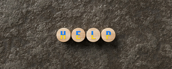 wooden cylinders with the word HELP in Ukranian colors on stone background