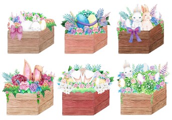 Watercolor wooden frame with spring easter decoration. Watercolor illustrations.