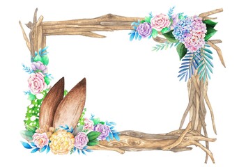 Watercolor wooden frame with spring easter decoration. Watercolor illustrations.
