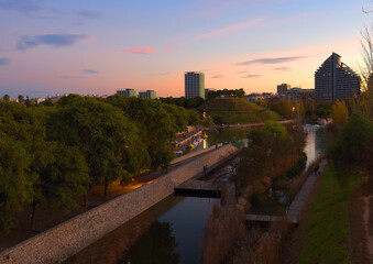 Turia river bed and gardens in the city park of the city of Valencia in Spain. View of the river...