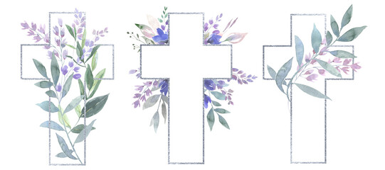 Fototapeta na wymiar Watercolor Easter cross clipart. Floral crosses. Religious symbols, Easter cards. Festive crosses made of roses, purple flowers, green leaves and branches.