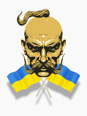 Ukrainian Cossack and Ukraine flag, nation state, 3D rendering