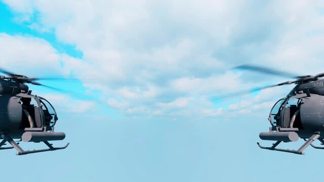 A close-up view of two small military helicopters flying in formation- seamless looping.