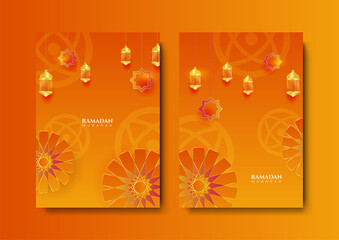 Trendy islamic ramadan greeting card and poster background template with mosque, lantern, pattern, and crescent. Design for iftar invitation, ramadhan mubarak kareem. Vector illustration
