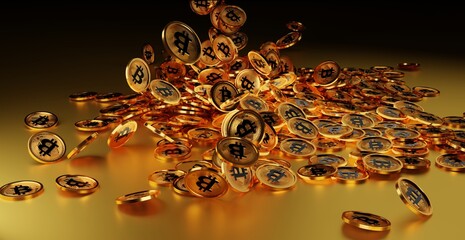 Many golden bitcoin or BTC drop from sky on black background copy space .