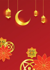 Trendy islamic poster background with mosque, arabic pattern, lantern, moon, and crescent. Can be used for greeting card, poster, banner, invitation, brochure, ramadan, eid, adha, iftar invitation.