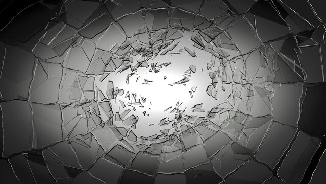Pieces of glass broken or cracked on spot light vignette background
