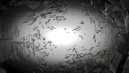 Pieces of glass broken or cracked on spot light vignette background
