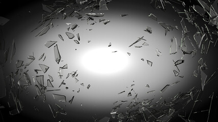 Pieces of glass broken or cracked on grey to black gradient background