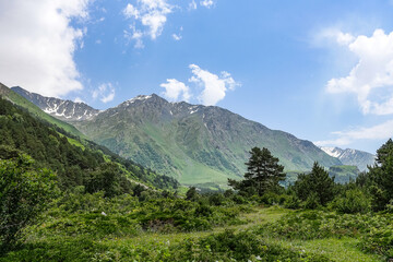 Obraz premium A mountain valley in the gorge of the Cherek-Balkar river in the vicinity of the Ushtulu tract. Caucasus 2021