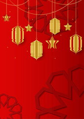 Trendy islamic poster background with mosque, arabic pattern, lantern, moon, and crescent. Can be used for greeting card, poster, banner, invitation, brochure, ramadan, eid, adha, iftar invitation.