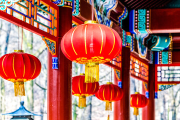 Fototapeta premium Close up of the Chinese lantarns inside of the Chinese pavilion in Łazienki Park in Warsaw - Poland