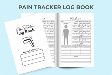 Pain tracker notebook KDP interior. Human body pain tracker and other symptoms tracer log book interior. KDP interior journal. Body pain information journal and medication planner notebook template.