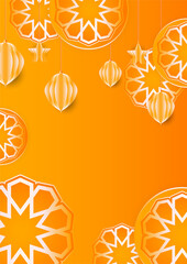 Trendy islamic poster background with mosque, arabic pattern, lantern, moon, and crescent. Can be used for greeting card, poster, banner, invitation, brochure, ramadan, eid, adha, iftar invitation.