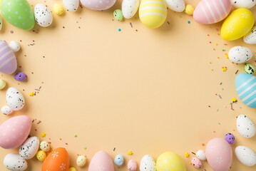 Top view of many multicolored eggs different size with colorful sprinkles on isolated beige background with copyspace in the middle